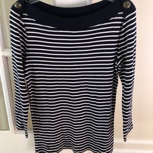 Navy and white striped boatneck cotton shirt by Lauren by Ralph Lauren. SizeXS
